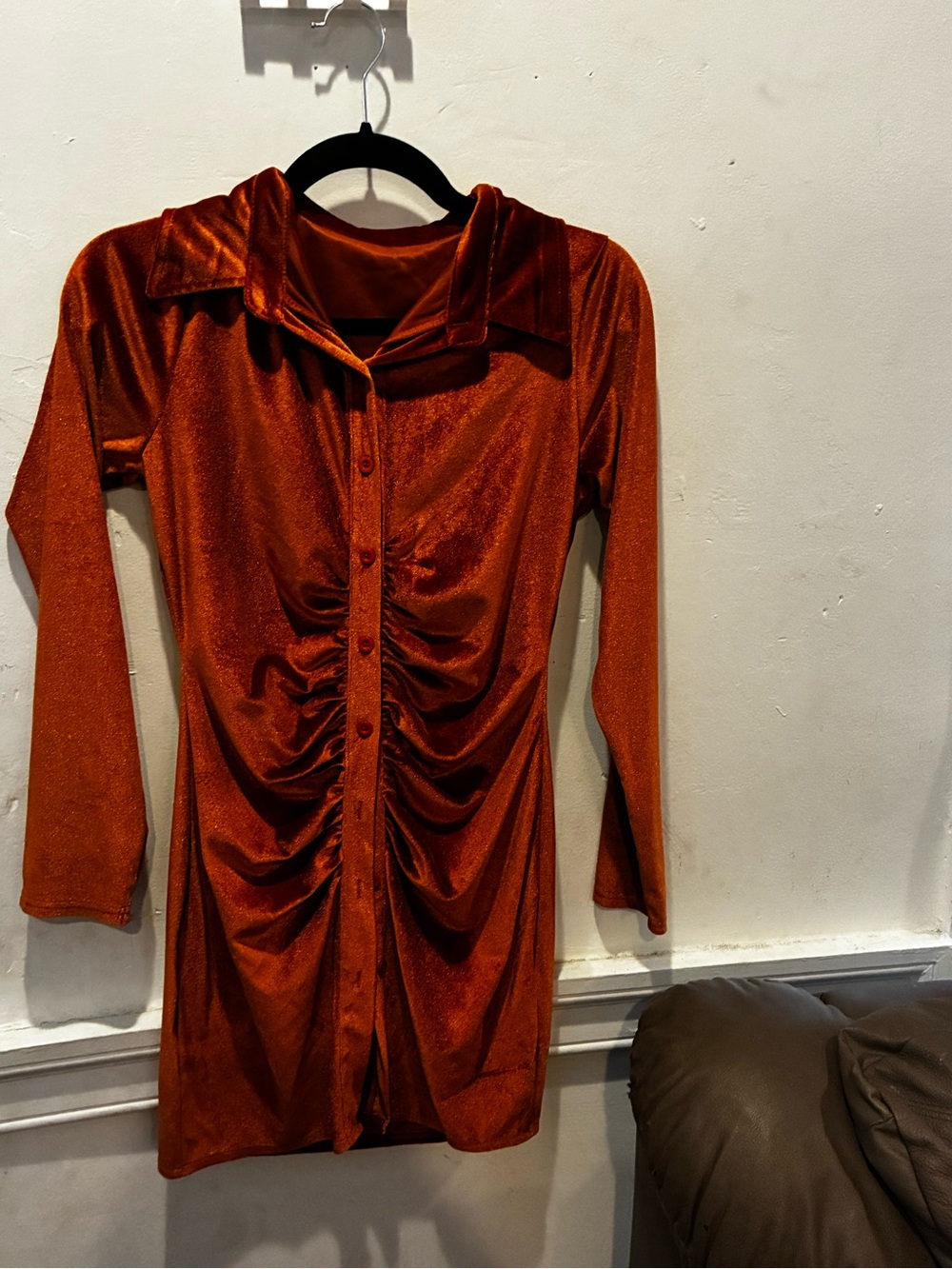 Rust Orange Button-Front Ruched Velvet Dress
